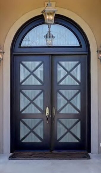 Black fiberglass double door with transom