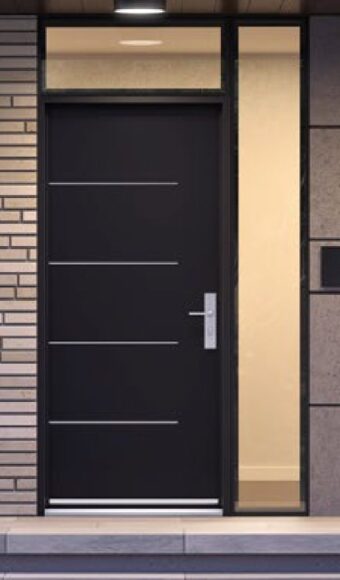 Black steel door with sidelite and transom
