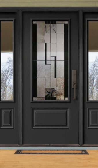 Brown glass entry door with sidelites