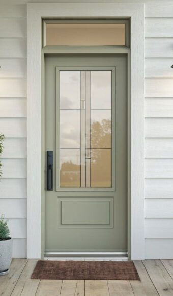 Light green steel entry door with transom