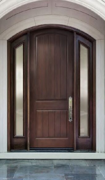 Brown fiberglass door with sidelites