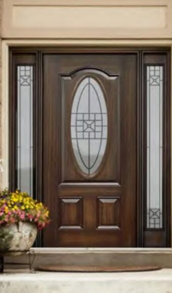 Brown fiberglass entry door with sidelites