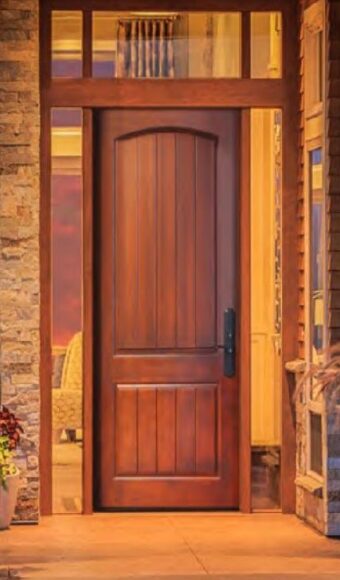 Brown fiberglass entry door with sidelites and transom