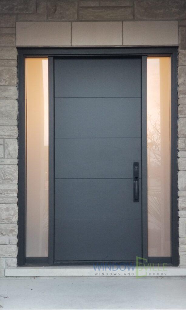 Modern black front door with twin sidelites replacement Maple