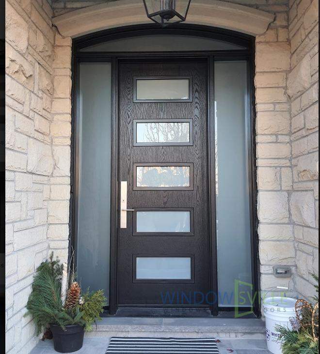 Classic brown door with privacy glass panels and twin sidelites Newmarket