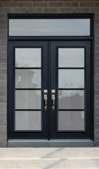 Black steel door with glass inserts and transom