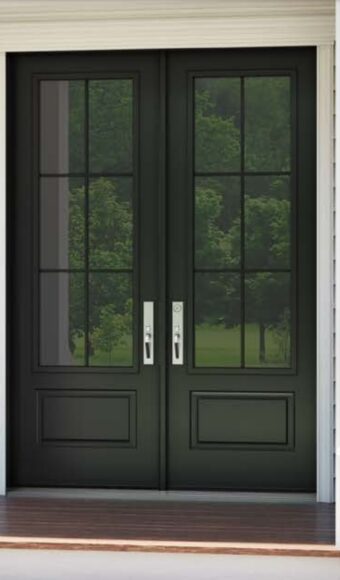 Black steel double door with glass inserts