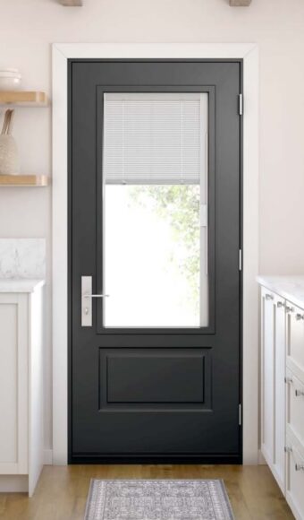 Black steel entry door with glass insert