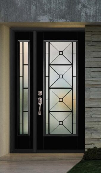 Black steel entry door with glass insert and sidelite