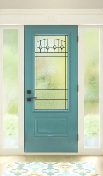 Blue fiberglass entry door with glass insert
