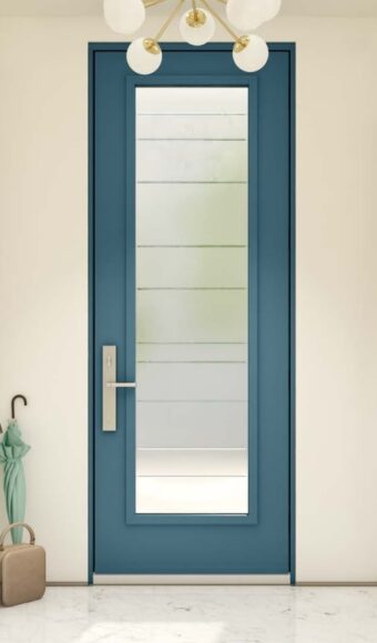 Blue steel entry door with glass insert