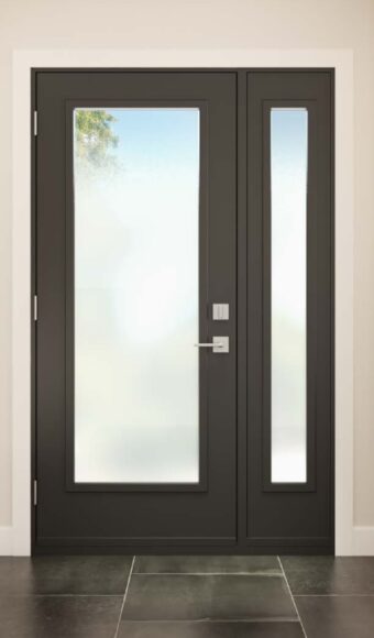 Brown steel entry door with glass insert and sidelites
