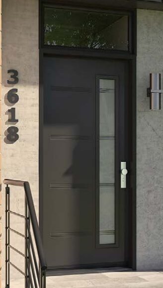 Brown steel entry door with glass insert and transom