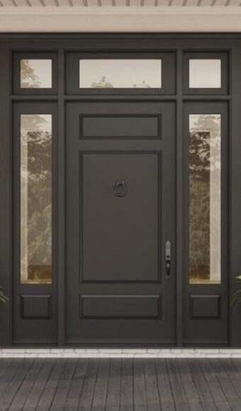 Brown steel entry door with glass inserts
