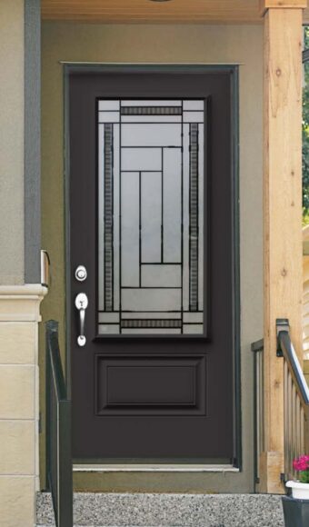 Dark brown steel entry door with glass insert