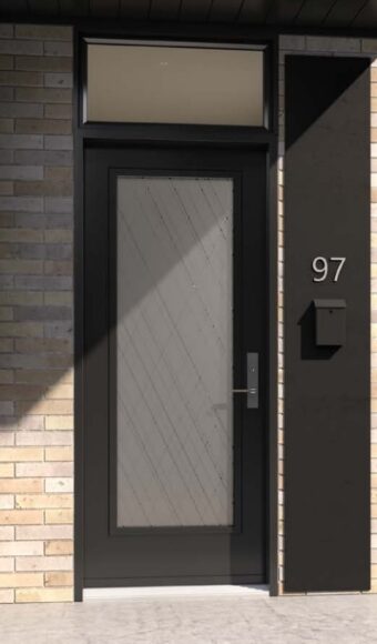 Dark brown steel entry door with glass insert and transom