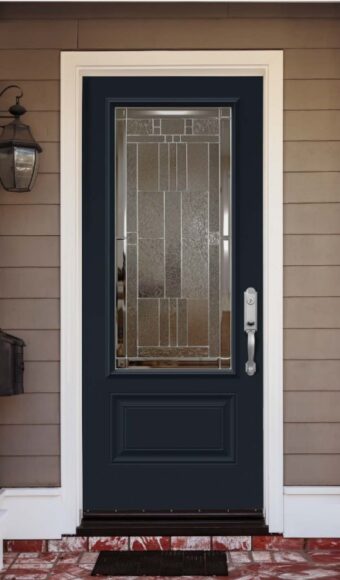 Dark steel door with glass insert