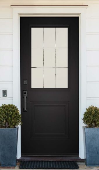 Dark steel entry door with glass insert