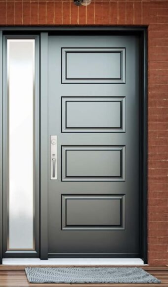 Dark steel entry door with sidelite