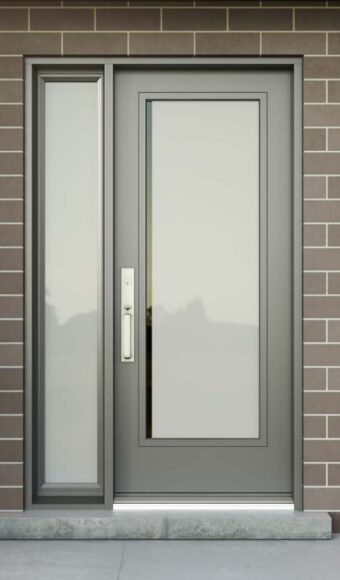 Grey steel entry door with glass insert and sidelite