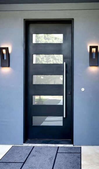 Modern black steel entry door with glass inserts