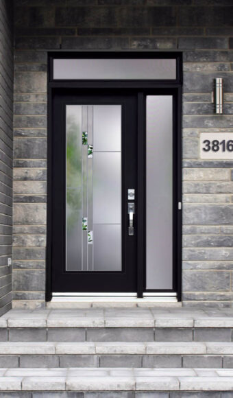 Modern black steel entry door with sidelite and transom