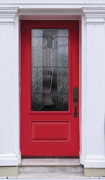 Red steel entry door with glass insert