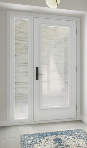 White steel entry door with glass insert and sidelite