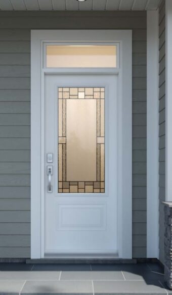 White steel entry door with glass insert and transom