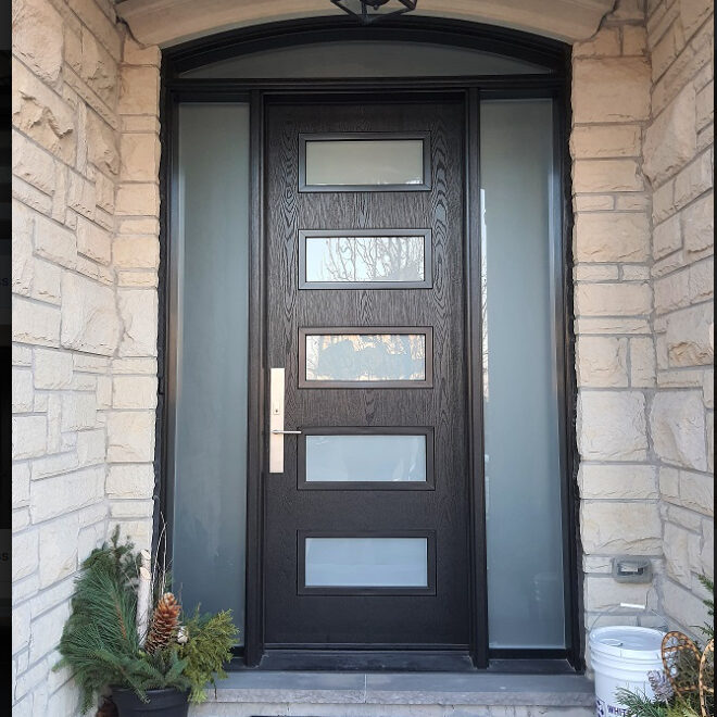 Classic brown door with privacy glass panels and twin sidelites Newmarket