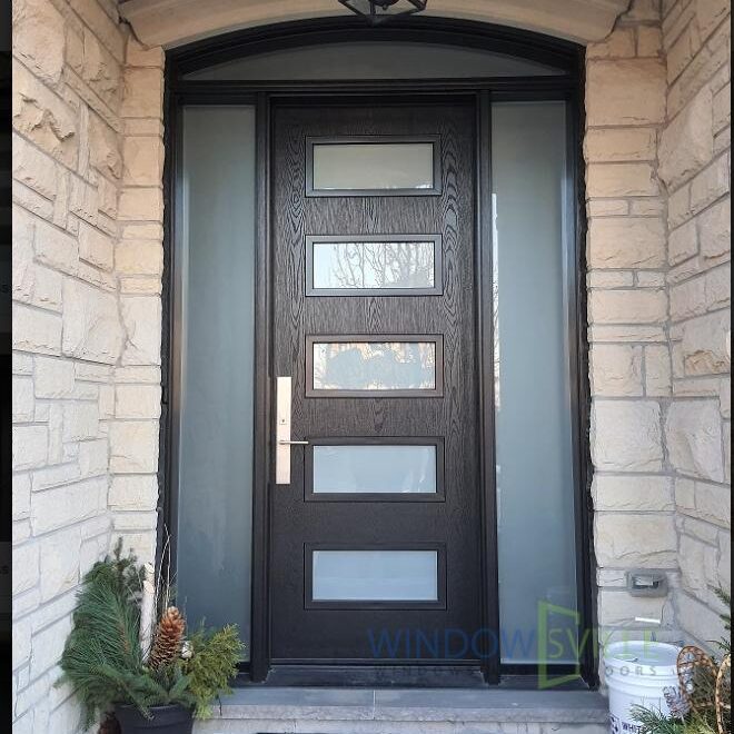 Classic brown door with privacy glass panels and twin sidelites Newmarket