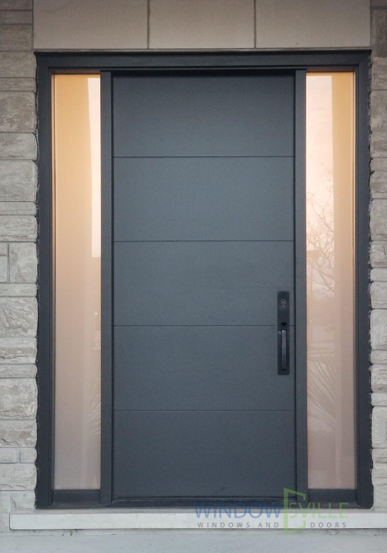 Modern black front door with twin sidelites replacement Maple